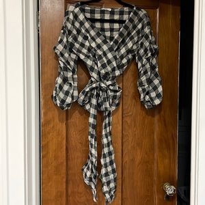 Plaid wrap shirt with puff sleeve detail